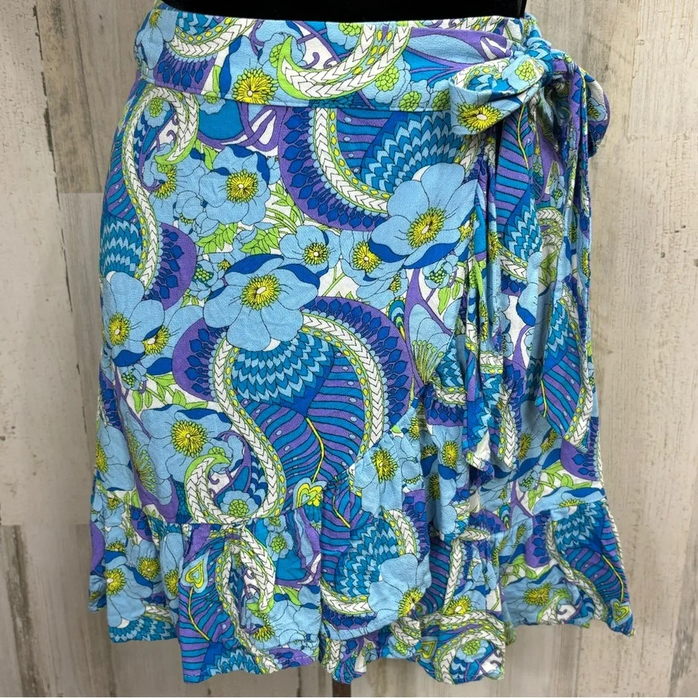 Scoop Paisley Floral Wrap‎ Mini Skirt in Blue and Green